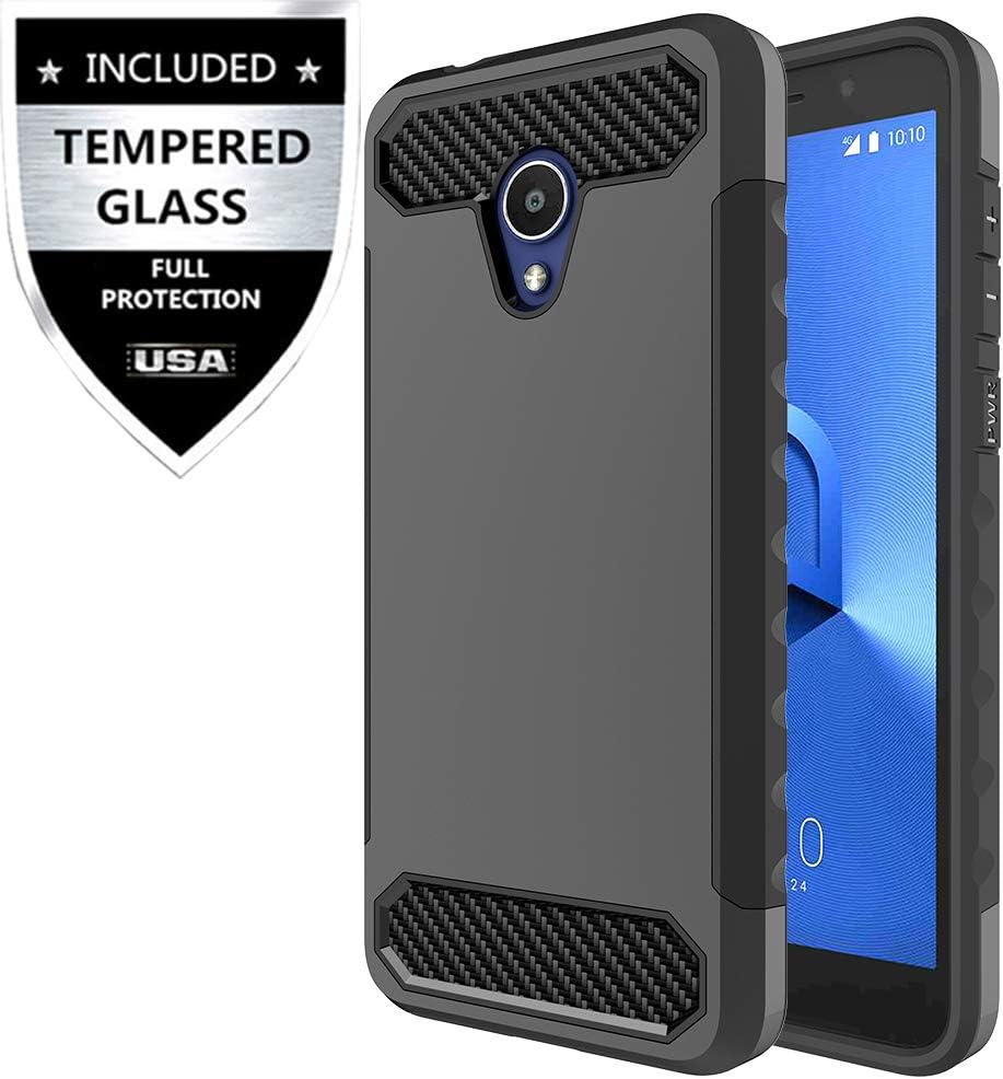 Alcatel TCL LX (A502DL) / Alcatel IdealXtra/Alcatel 1X Evolve Case with Tempered Glass Screen Protector,IDEA LINE Heavy Duty Hybrid Hard Shockproof Slim Fit Cover with Carbon Fiber - Black