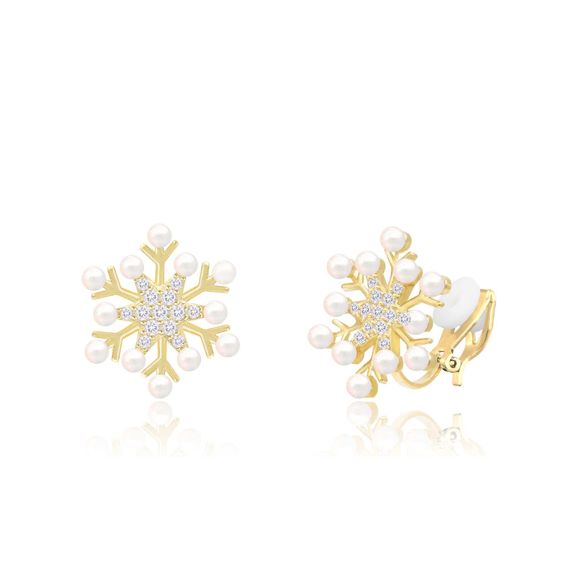 QUKE Snowflake Shape Zirconia Crystal Simulated pearls Golden Clip On Earrings Non Pierced Stud for Women Girls