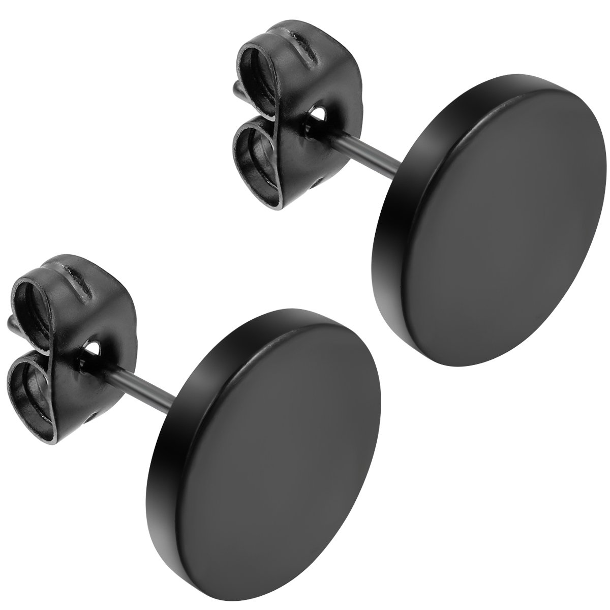 JewelryWe Pair of Mens Womens Stainless Steel Unisex Illusion Round Tunnel Plug Post Stud Earrings 2pcs, Black (10mm)