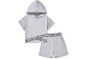 HIHA Toddler Little Girls Short Sleeve Hooded Shirts Shorts Set Solid Color Summer 2 Piece Outfit