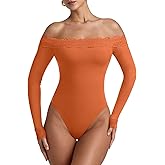 REORIA Women's Sexy Off The Shoulder Long Sleeve Bodysuit Lace Body Suits Going Out Tops Fall Outfit 2025