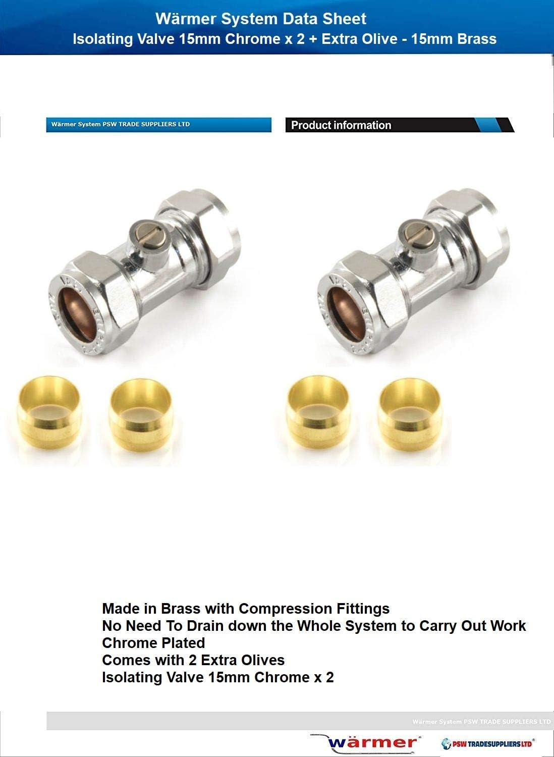 Wärmer System Isolating Valve 15mm Chrome with 4 Brass Olives, Pack of 2 - Image 3