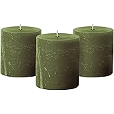 Simply Soson 3x3 inch Dark Moss Green Pillar Candles Set of 3, Rustic Texture, Unscented Green Candles, Dripless Candles, 3 inch Pillar Candles for Wedding Parties Spas Dinner Home Decoration Church