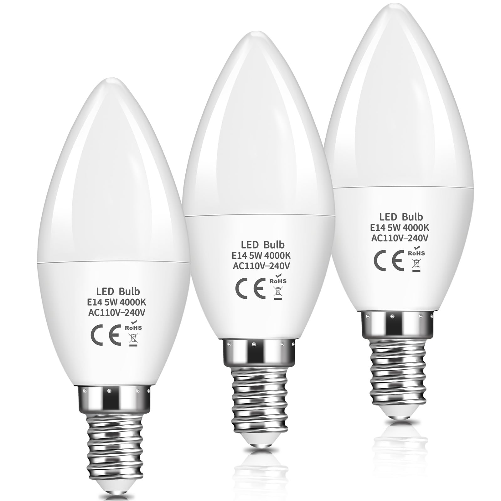 E14 LED Candle Light Bulbs 5W, C37 SES Small Edison Screw, 40W Equivalent, 470LM, Natural White 4000K Daylight, Energy Saving, Non-Dimmable, Pack of 3