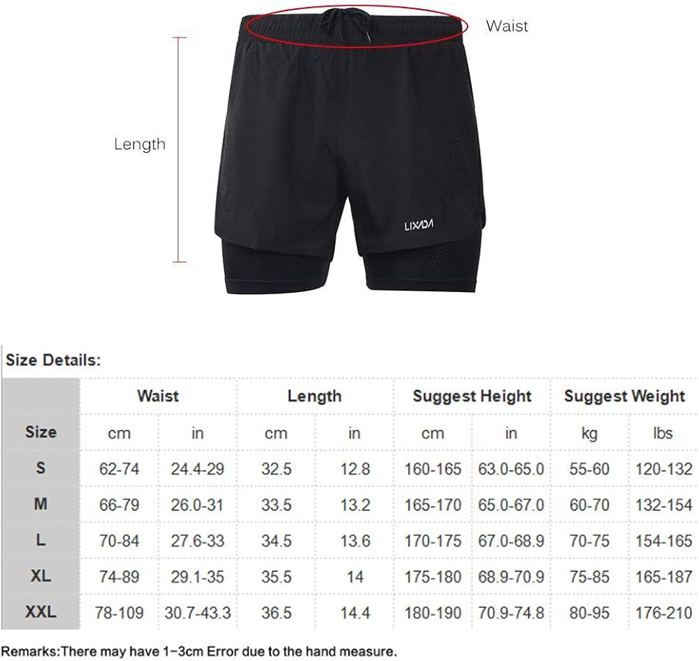 Lixada Men's 2-in-1 Running Shorts Quick Drying Breathable Active Training Exercise Jogging Cycling Shorts: Clothing