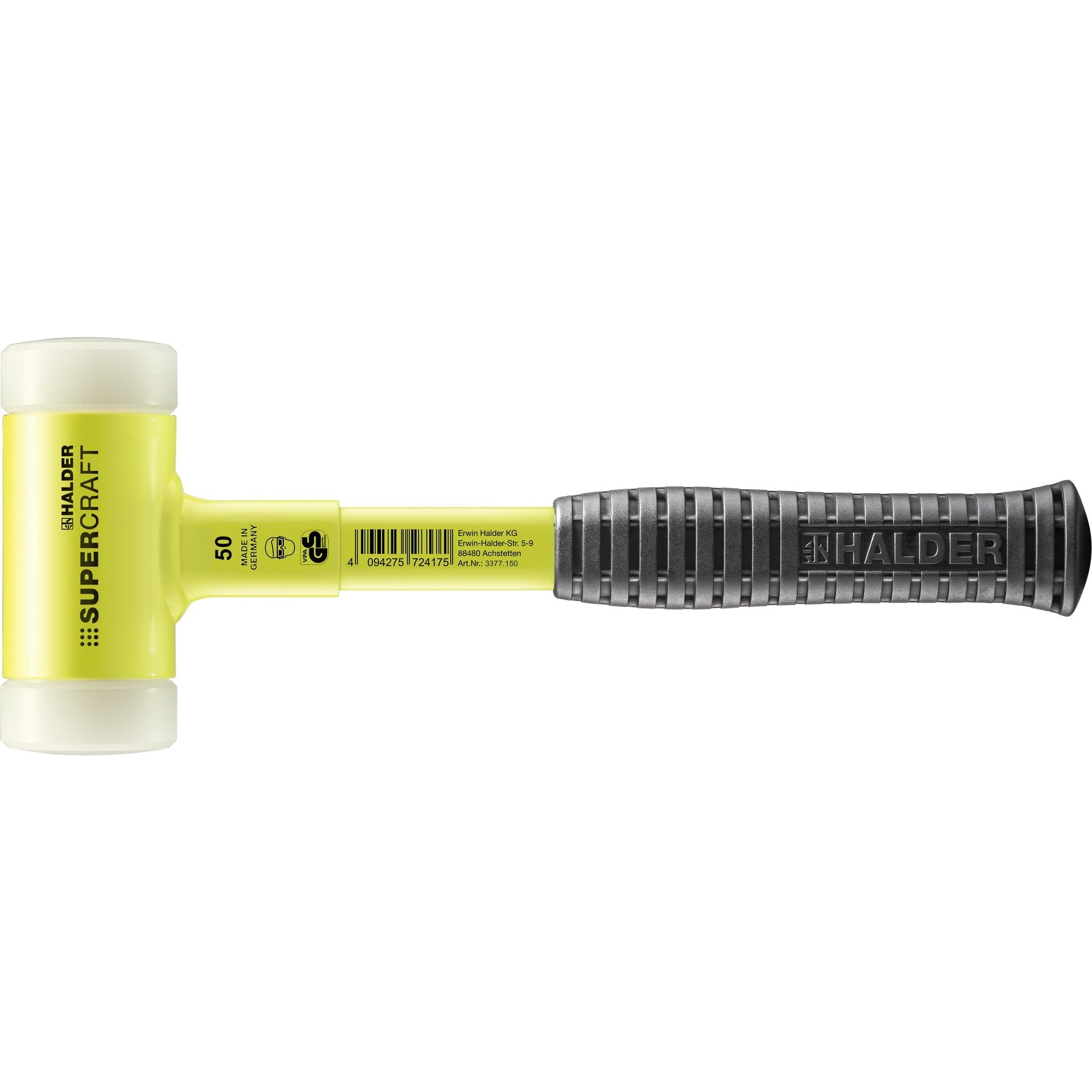 Halder 3377150 Mallet with Break-Proof Steel Tube Handle, Yellow, 50 mm