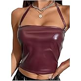 Dynvernal Faux Leather Halter Tube Tops for Women Sleeveless Bandeau Corset Top Going Out Club Rave Tank Top Y2K Outfits