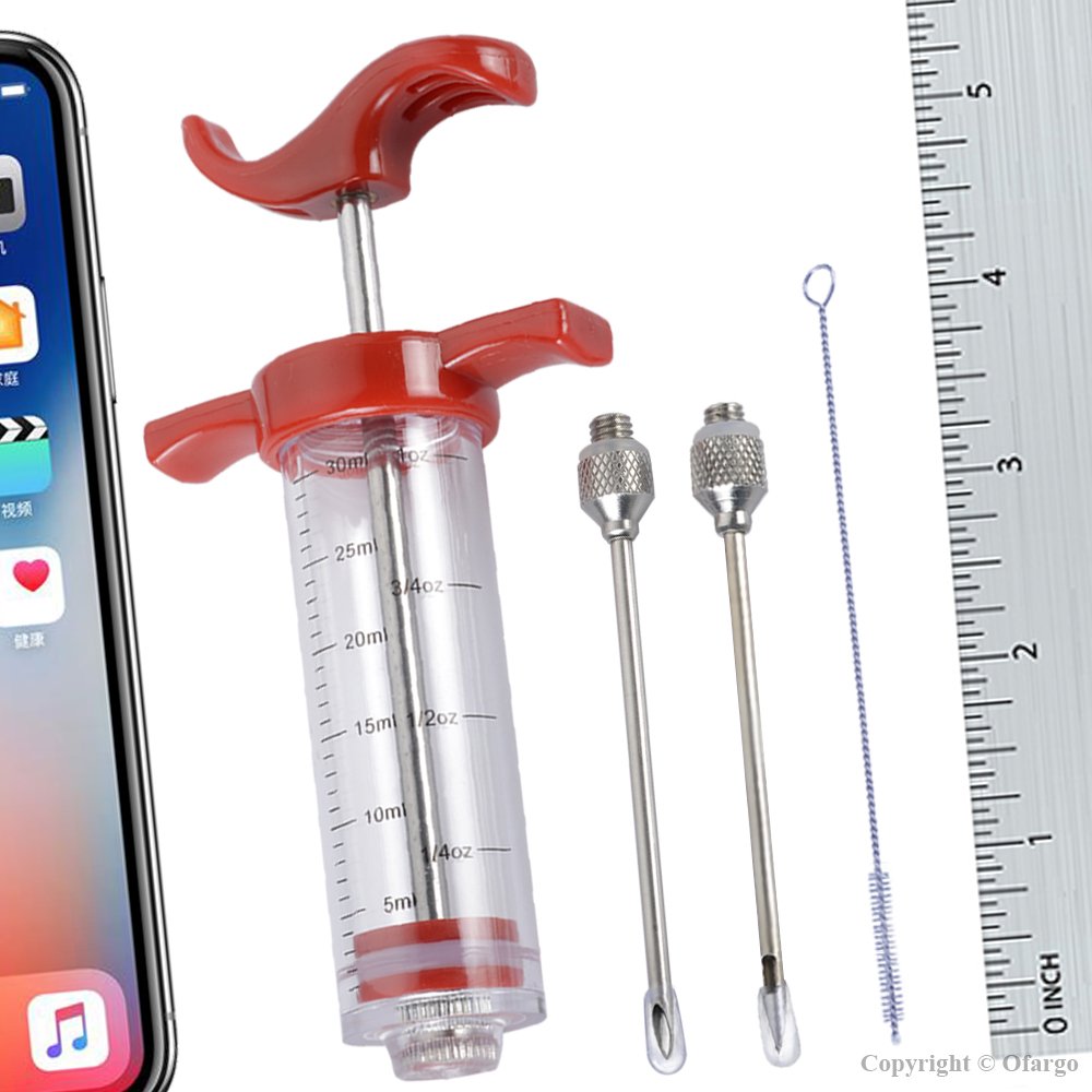 Ofargo Plastic Marinade Injector Syringe with Screw-on Meat Needle for BBQ Grill, 1-oz, Red, Recipe E-Book