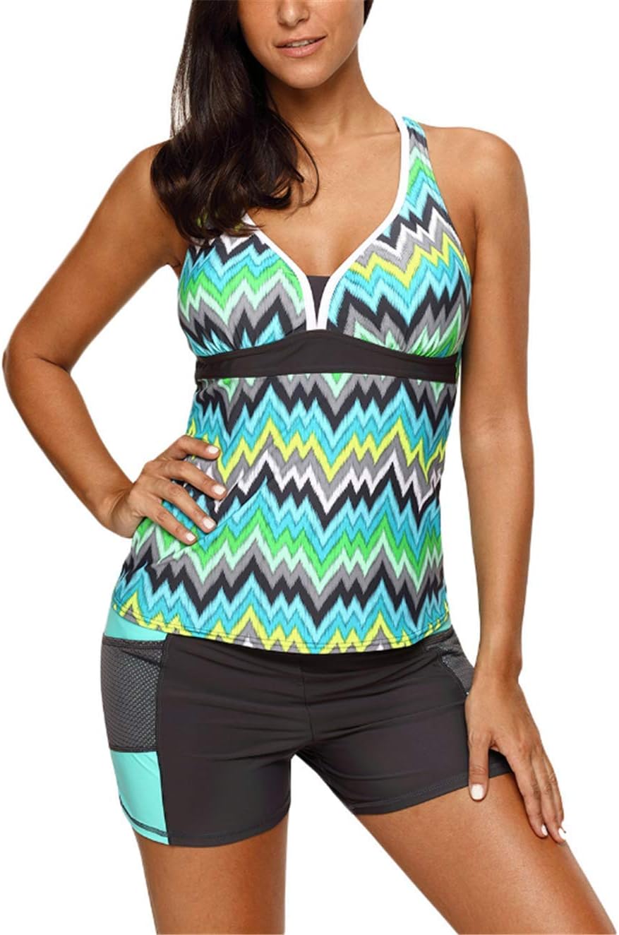 GDL Women Two-Piece Tankini Swimsuits Multicolor Print V-Neck Short Set Bathing Suits Green-XL