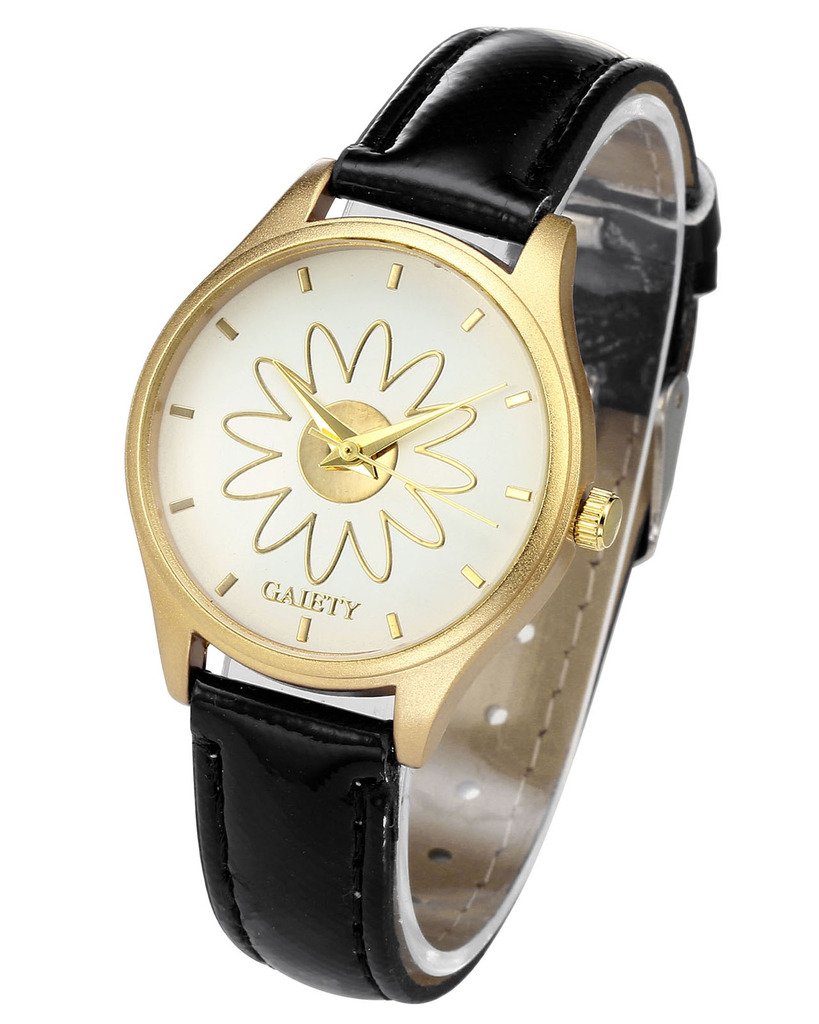 JSDDE Femme Montre à Quartz Bracelet PU Motif Fleur Boîtier en Alliage de Couleur Or Montre Bracelet Fil de Suture Montre Etanche Noir