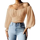 MIRACMODA Womens Elegant Off The Shoulder Puff Sleeve Blouse Summer Chiffon Slim Fit Party Crop Top