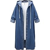 Raboolion Women's Long Denim Hooded Jacket Oversized Drawstring Button Trench Jean Jacket Coat