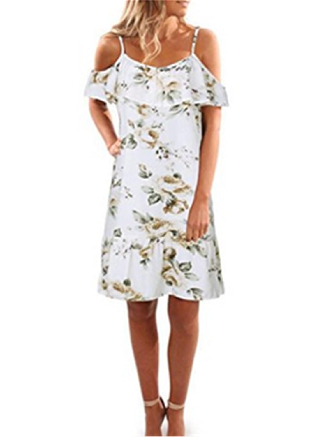 Tloowy Womens Summer Cut Out Cold Shoulder Ruffles Floral Print Dress Spaghetti Strap Casual Beach Dress Sundress