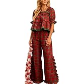 Bocymolay Women Christmas Red Plaid Pajamas Set Gingham Short Sleeve Babydoll Shirt Ruffle Pants 2 Piece Pj Loungewear