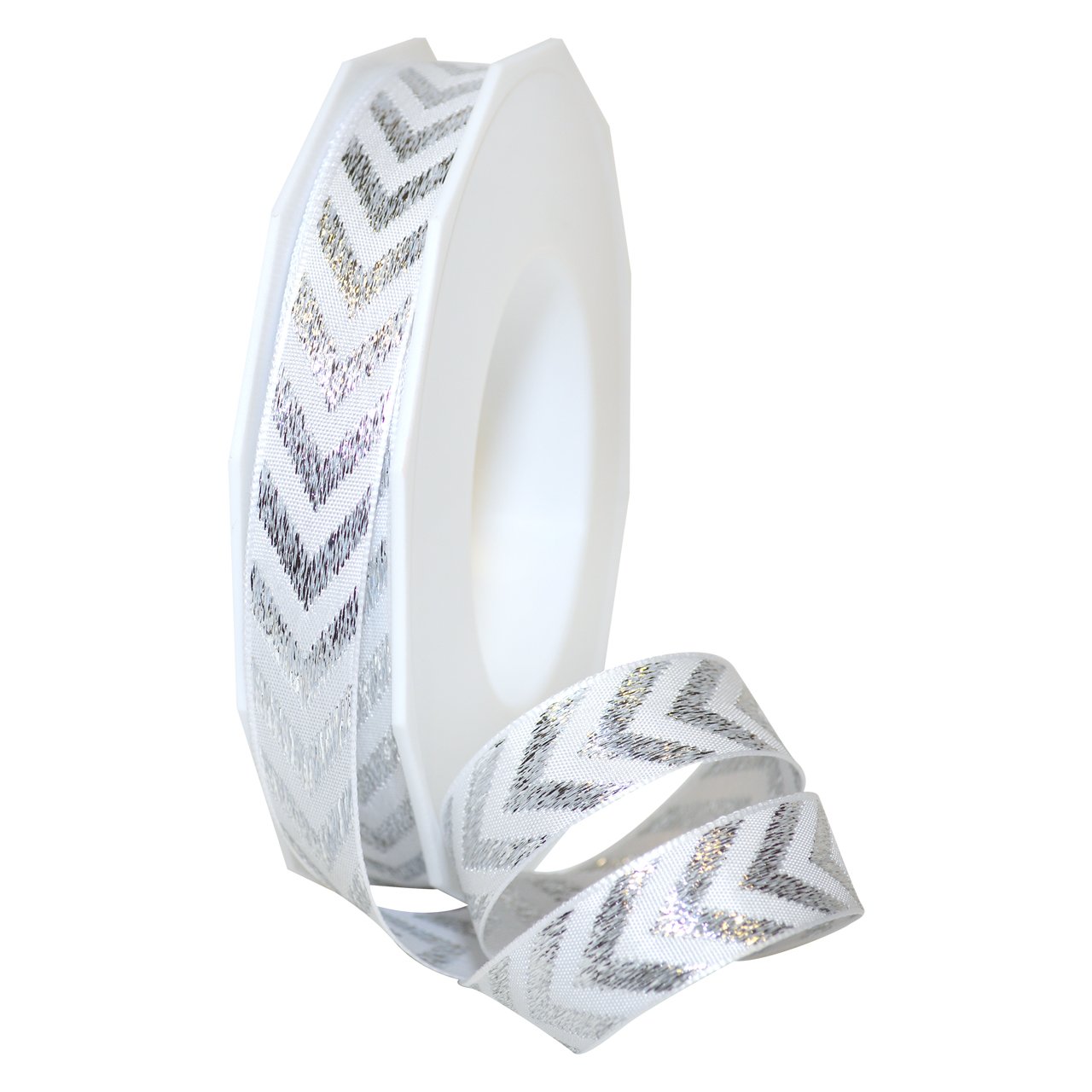 Präsent - Chevron Woven Ribbon White-Silver 20-m-Roll 15 mm width — image 1