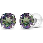 Solid 925 Sterling Silver Gold Plated 6mm Round Genuine Birthstone Gemstone Hypoallergenic Stud Earrings For Women