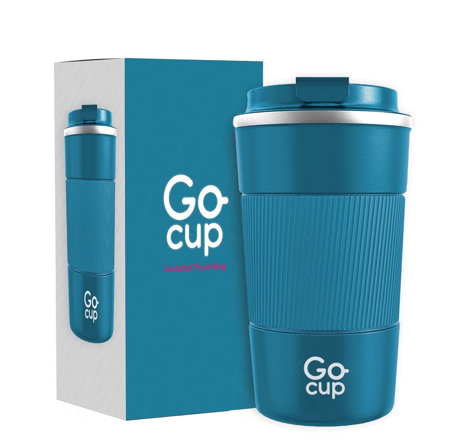 GoCup Travel Mug, Insulated Reusable Coffee Cup with Spill Proof Lid, 510ml, UK Brand, Stainless Steel, Large Size, Keep Drinks Hot and Cold, 18oz, Teal with Grip