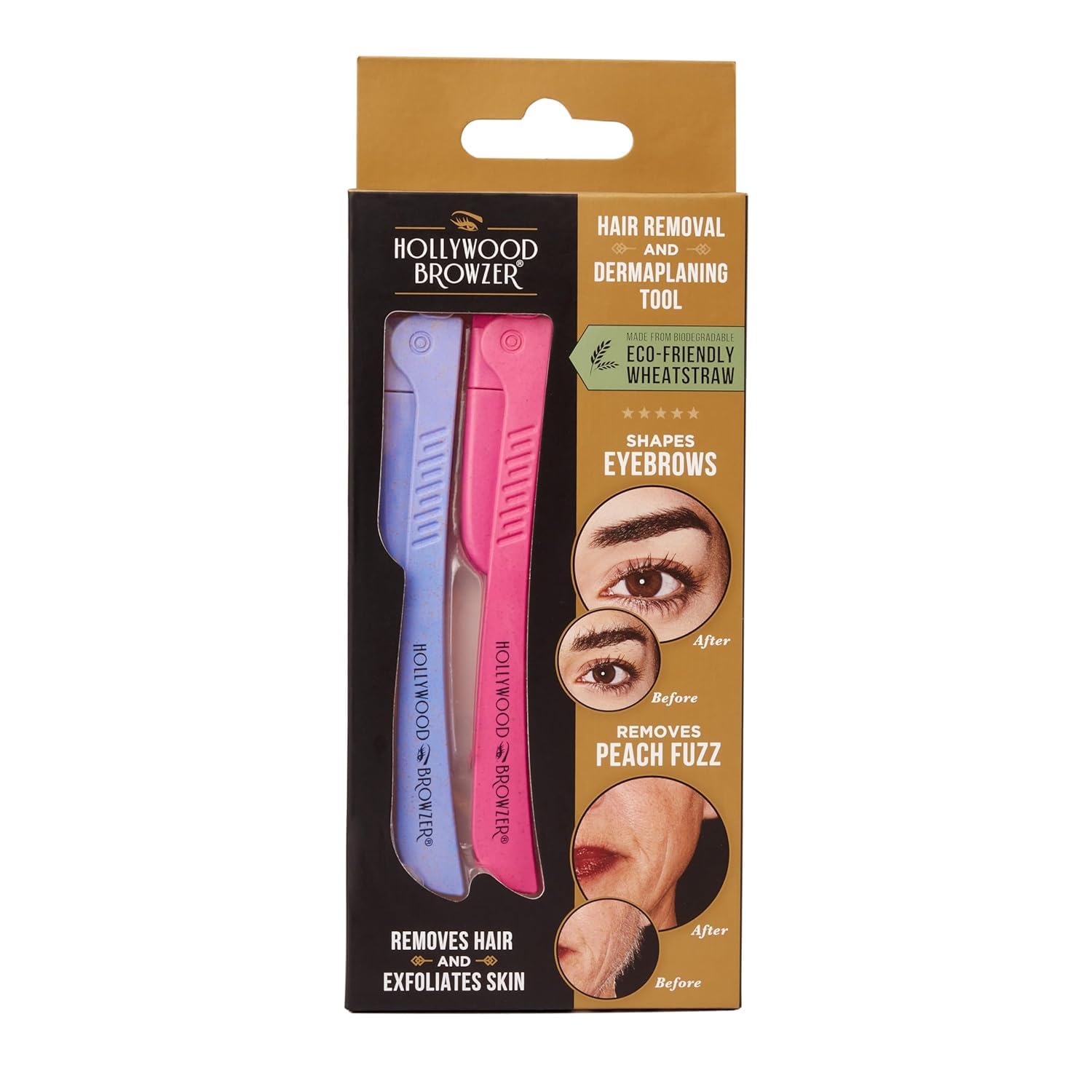 Hollywood Browzer Dermaplaning Razor Tool for Face - Eyebrow Shaping - Removing Unwanted Hair and Peach Fuzz - Exfoliating Tool for Women - Face Razor for Women - Duo Pack (Amethyst & Pink Sapphire)