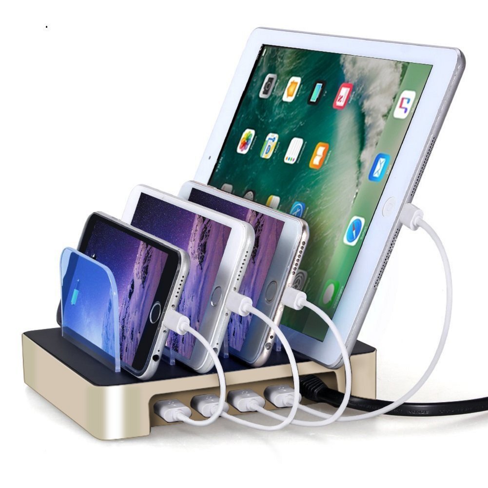USB Charging Station 4 Ports Universal Detachable Multi-port Desktop Charge Dock Stand Multiple Devices Travel Adapter Organizer for iPhone iPad Samsung LG Tablet PC (GOLD)