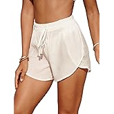 MAKEMECHIC Women's Drawstring Waist Beach Cover Up Shorts Mesh Sheer Casual Loose Linen Shorts