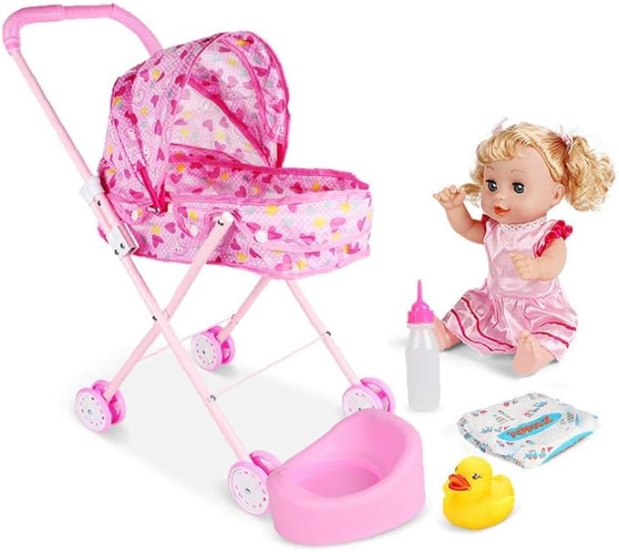 Doll Baby Stroller, 6pcs/Set Foldable Toys Pram Gift Set, Baby Dolls