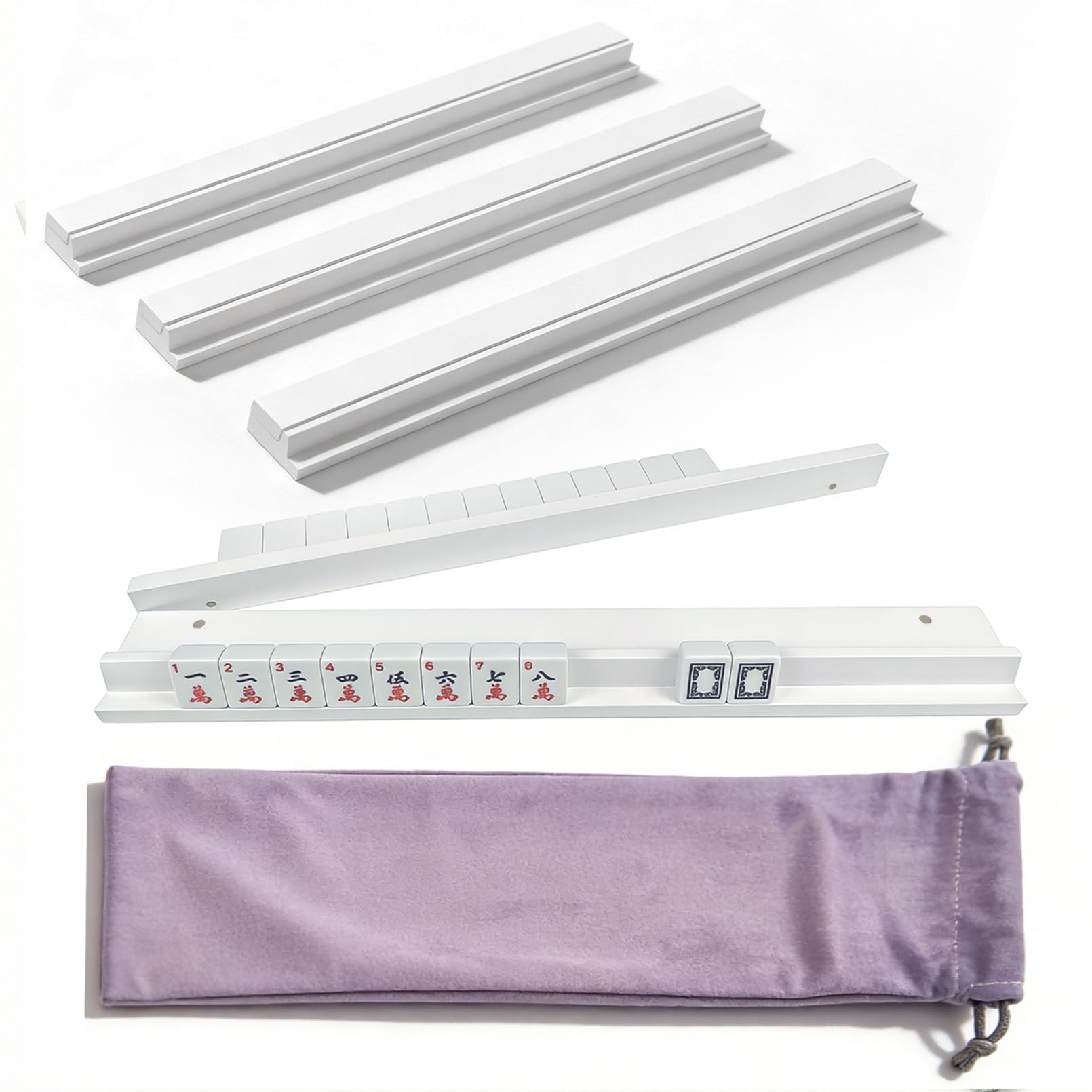 Photo 1 of ***MISSING ONE***
ezylgo Wooden Mahjong Racks with Pushers (Set of 4) - White Pine Wood Tile Holders for American Mah Jongg - 17.3 Inch Magnetic Pusher Arms & Storage Bag - Portable Game Accessories (White)