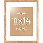 Homeforia 11x14 Picture Frame Wood, High End Natural Oak 11x14 Light Wooden Poster Frames with Mat 8x10, 11 x 14 Frames Matted to 8 x 10 Photo, 14x11 Hanging Frames, Tempered Glass, Wall Kit, Set of 1