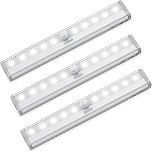 AMIR Motion Sensing Closet Lights, 3 Pack DIY Stick-on Anywhere Portable 10-LED Wireless Cabinet Night/Stairs/Step Light Bar with Magnetic Strip (White, Battery Operated)