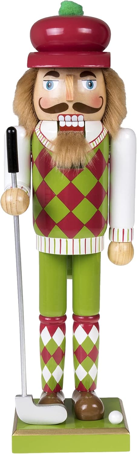 Nutcrackers - Merry Christmas Co. 12 Inch Traditional Wooden Nutcracker, Festive Holiday Tabletop Décor, Green Golfer
