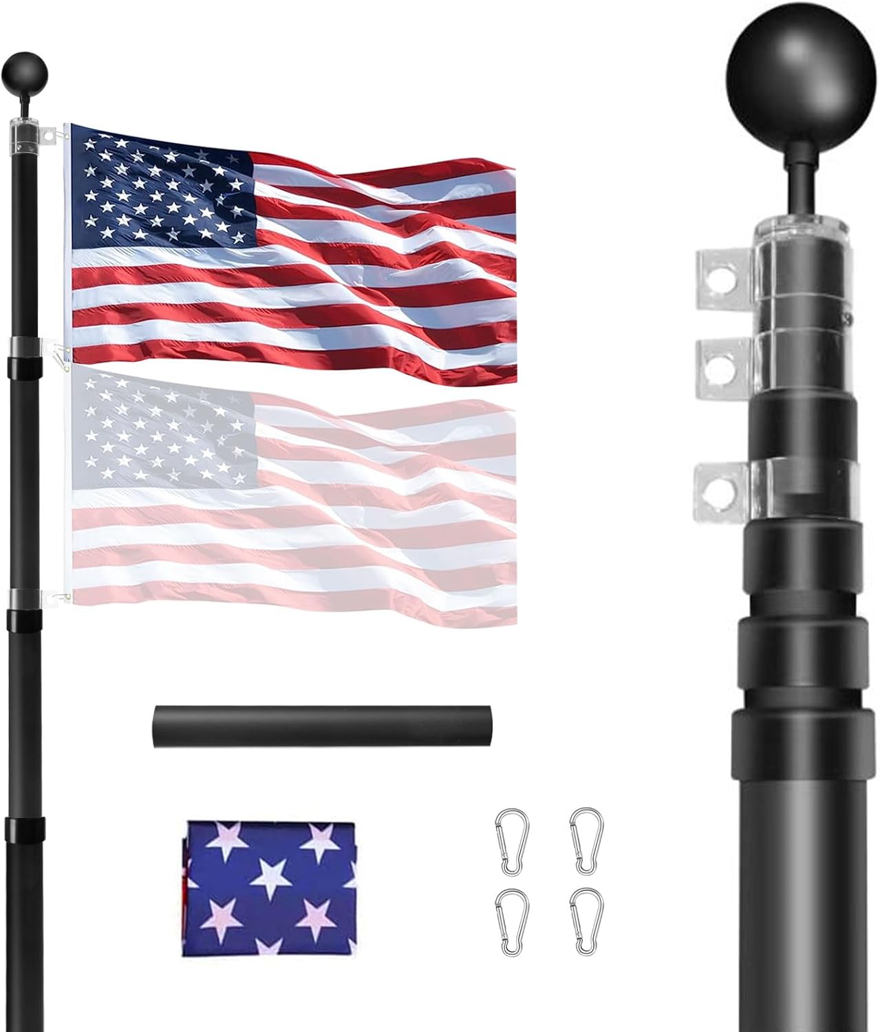 Flagpole Hardware - SENZHIYI 16FT Telescopic Flag Pole Kit, Heavy Duty 16 Gauge Aluminum Outdoor In Ground Telescoping Flag Poles with 3x5 USA Flag, for Residential or Commercial,Garden,Yard Flag Poles Kit,Black