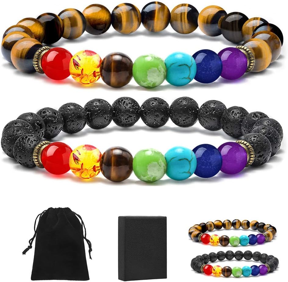 MONOZO Bead Chakra Bracelet - 7 Chakras 8mm Lava Rock Stone Anxiety Bracelet Essential Oil Diffuser Stone Yoga Beads Bracelets Meditation Relax Healing Aromatherapy Bangle for Men Wonmen Kids
