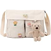 PRAGARI Canvas Crossbody Bag Messenger Cute Bag with Pins and Pendant for Women Girls Casual Shoulder Aesthetic School bag