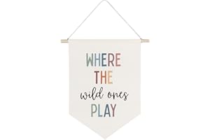 QODUNG Where the Wild Ones Play Banner,Playroom Banner Wall Flag,Nursery Kids Room Decor,Canvas Hanging Pennant Flag Banner for Kids Room Playroom Nursery