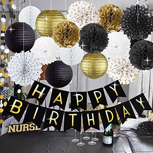 Kubert Black and Gold Happy Birthday Banner with Tissue Pom Poms Black and Gold Birthday Party Decorations with Birthday Banner for 30th, 40th, 50th, 60th, 70th, 80th Birthday