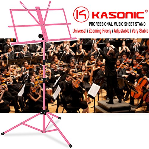 Music Stand, Kasonic Professional Collapsible Orchestra Portable and Lightweight with LED light, Music Sheet Clip Holder and Carrying Bag Suitable for Instrumental Performance (Pink)
