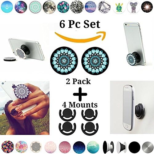 Pop Phone Grip Phone Grip Set (6 Piece) with 2 Piece Tablet Cell POP and 4 Universal Hands Free Mount - Black Mandala
