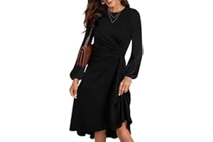Happy Sailed Women's Long Sleeve Ruched Waist Flowy A Line High Low Midi Cocktail Party Dress