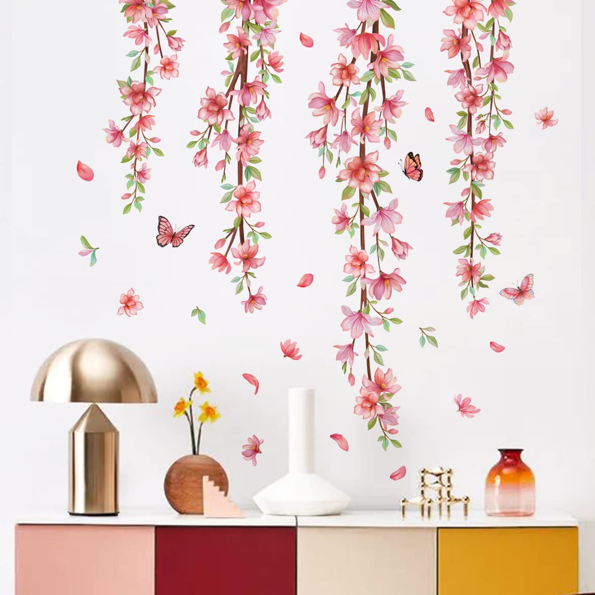 fanquare Hanging Blossom Floral Vine Wall Decals Pink Flower and Butterflies Wall Stickers for Bedroom Living Room Sofa TV Background Decoration