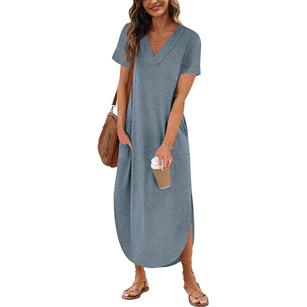 Women's Summer Maxi Dress Casual Loose Short Sleeve V Neck Dresses Side  Split Flowy Beach Long Dress with Pockets Blue at Amazon Women's Clothing  store