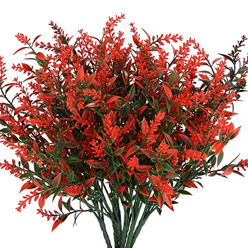 KLEMOO Artificial Lavender Flowers Plants 6 Pieces, Lifelike UV Resistant Fake Shrubs Greenery Bushes Bouquet to Brighten up Your Home Kitchen Garden Indoor Outdoor Decor(Orange Red) - Thumbnail 7