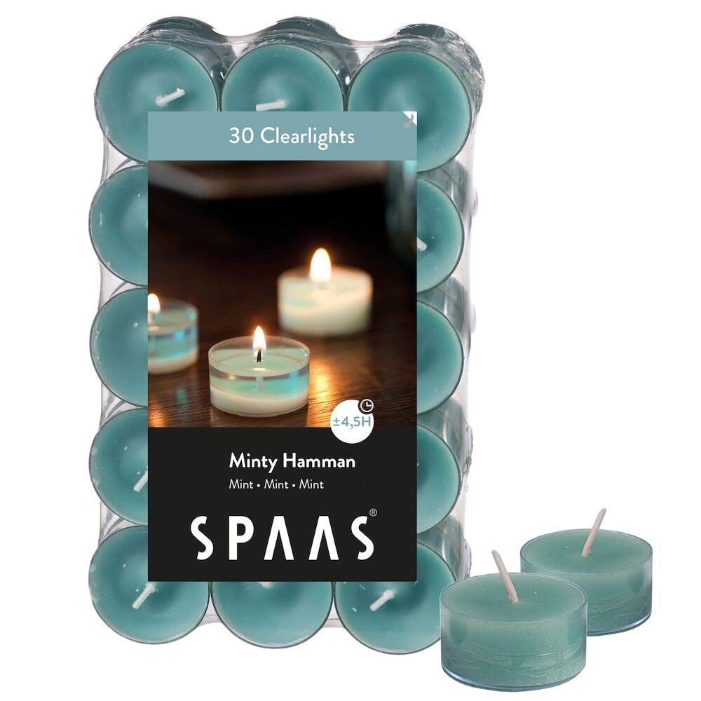 Spaas 30 Scented Clearlights, Tealights in Transparent Clear Cup, ± 4.5 Hours, Minty Hamman
