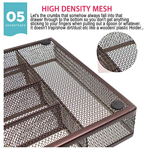 IRSHOME Sturdy Utensil Drawer Organizer, Cutlery Tray, Silverware/Flatware Storage Divider for Kitchen, Mesh Designing with Non-slip Rubber Feet, 5 Compartments, Brown-2 Pack