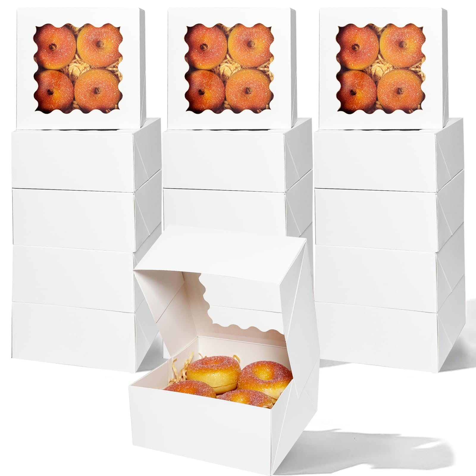 Photo 1 of qiqee Auto-pop up 6x6x3 Inch White Cookie Box with Window 30Pcs Pastry Macaron Bakery Box For Packaging