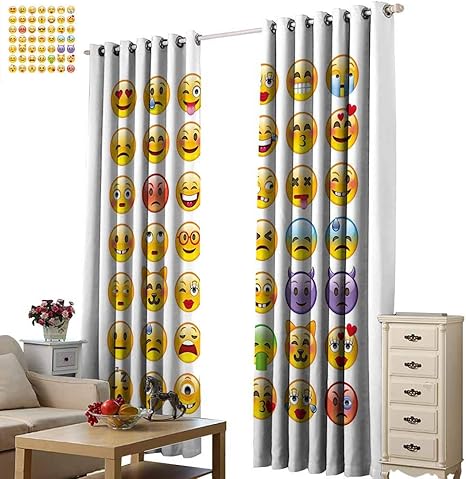 Amazon Warm Family 絵文字 ノベルカーテン ポップカルチャーエレメント Good Vibes アイスクリーム ロケット ドーナツ スター カートゥーンスタイル 描画暗く保温 マルチカラー W72 X L108 ラグ カーテン ファブリック オンライン通販