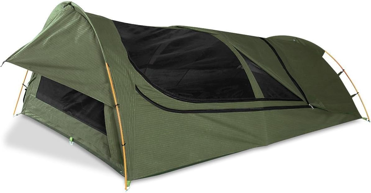 OZtrail Mitchell Expedition Double SWAG with plenty of room for 2 adults. 330 gsm SatProof 600+ Ripstop Canvas. 7cm high density open-cell foam mattress. 145x210cm Height: 70cm. 13kg CSW-MIED-F