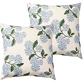 Btyrle Blue Hydrangea Flower Throw Pillow Covers 18x18 Inch Set of 2 Decorative Farmhouse Cotton Linen Floral Pillowcases Square Blue Floral Cushion Covers for Couch Sofa, Cream White