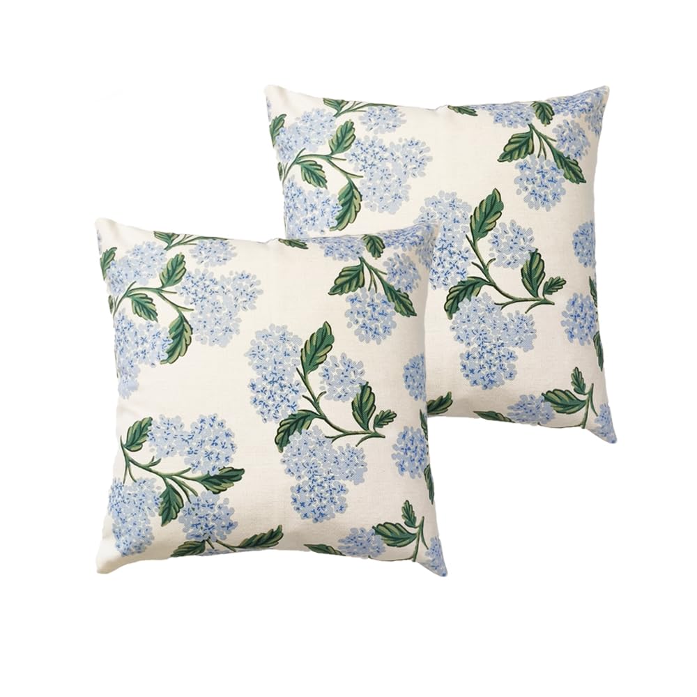 Photo 1 of Btyrle Blue Hydrangea Flower Throw Pillow Covers 18x18 Inch Set of 2 Decorative Farmhouse Cotton Linen Floral Pillowcases Square Blue Floral Cushion Covers for Couch Sofa, Cream White