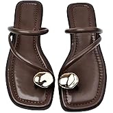 HDFDB Women'S Leather Strappy Flat Metal Toe Ring Sandals Fashionable Square Open Toe Low Block Heel Slip-On Clip Toe Slide Sandals Casual Summer Beach Slipper