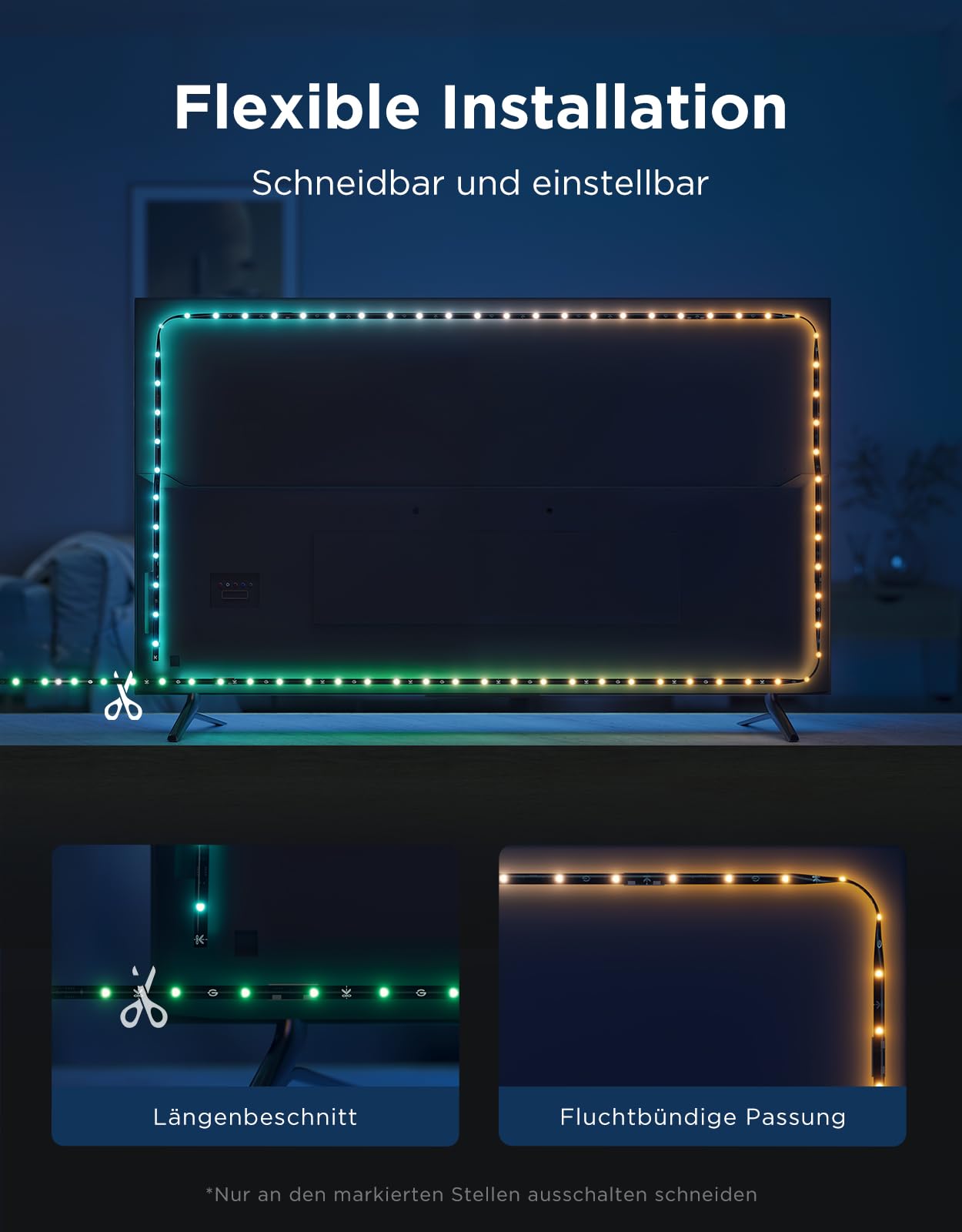 Govee TV LED Hintergrundbeleuchtung 2 Schneidbar für 32-70 Zoll TVs, RGBWIC 4,4m Streifen. 210+ Szenen, Matter-fähig, Musiksync, App-Steuerung, Alexa. Einfache DIY-Installation 4