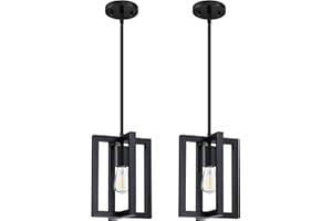Dolaimy House 2 Pack 1 Light Hanging Industrial Kitchen Island Pendant Light Lantern Farmhouse Metal Cage,Black Finish Rustic Geometric Light for Over Sink Living Room Bedroom